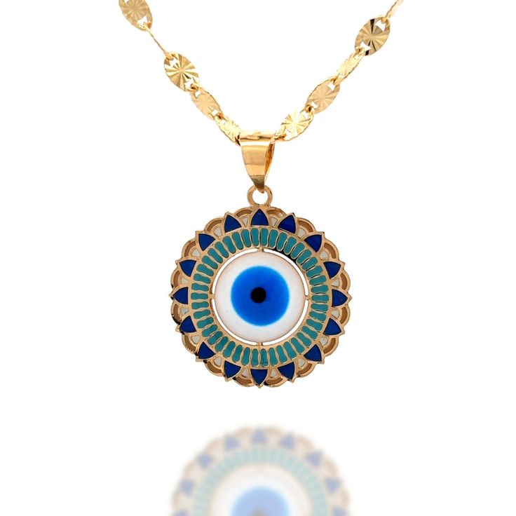 Embrace the protective power of the Evil Eye with our Hand-Painted Evil Eye Pendant. This captivating piece of jewelry combines ancient symbolism with modern artistry, hand-painted to exude beauty while safeguarding against negative energies. Product Specifications:  * Material: 14k Solid Gold, hallmarked 14K or 585 for authenticity * Diameter: 20mm / 0.78in 14k Solid Gold Chains: * Adjustable Chain 16"18" 0.5mm * Sun Oval Chain 16" 3mm Delivery:  * Ready to ship in 1 business day. * Delivers in Symbolic Multicolor Festival Jewelry, Artistic Blue Necklaces For Festivals, Artistic Blue Necklace For Festivals, Artistic Blue Jewelry For Festivals, Spiritual Pendant Necklace With Artistic Design, Hand Painted Spiritual Jewelry For Festivals, Spiritual Hand Painted Jewelry For Festivals, Hand Painted Spiritual Round Necklaces, Multicolor Hand Painted Spiritual Necklace