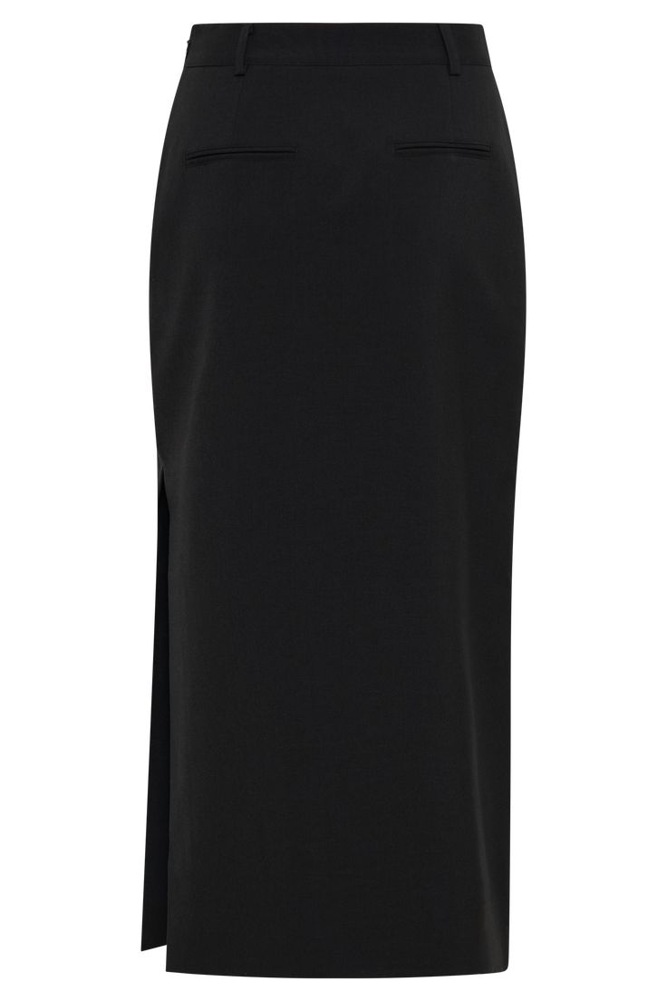 Slip into sophistication. The AMBROSE Midi Skirt is a sophisticated and versatile piece designed to elevate any wardrobe. With its high-waisted fit and side zip closure, it offers a sleek, tailored silhouette that complements a variety of tops. The functional side pockets provide practical convenience, while the non-functional back pockets maintain a streamlined appearance. The midi length and straight shape ensure a flattering fit, and the side vent allows for ease of movement. Lined for added Workwear Asymmetrical Skirt With Side Zipper, Asymmetrical Skirt With Side Zipper For Work, Modern Asymmetrical Pencil Skirt For Workwear, Modern Asymmetrical Pencil Skirt For Work, High Waist Skirt With Split Design For Work, Chic Knee-length Maxi Skirt For Office, Chic Office Skirt With Zipper Closure, Sleek Elastane Skirt For Night Out, Split Design Pencil Skirt For Work