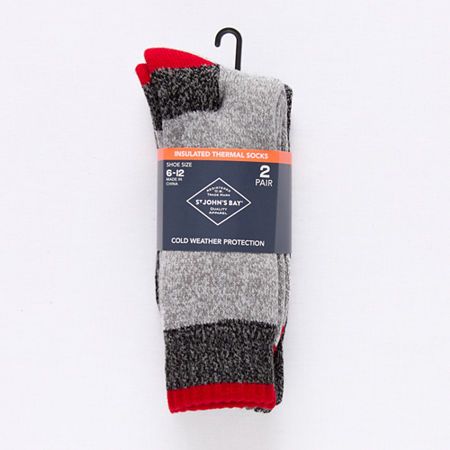 This 2-pack of St. John's Bay men's thermal boot socks will come in handy for cold-weather days. This set includes 2 pairs of crew socks made from a warm stretch-knit in assorted colors. # Pieces In Set: 2 PairShoe Size Range: 6-12Fiber Content: 93% Acrylic, 5% Polyester, 1% Rubber, 1% SpandexFabric Description: Yarn Dyed KnitCare: Machine Wash, Tumble DryCountry of Origin: Imported Black Winter Socks For Outdoor Activities, Durable Casual Winter Socks, Casual Durable Winter Socks, Durable Comfortable Winter Socks, Durable Winter Socks, Comfortable Durable Winter Socks, Durable Winter Hiking Socks, Durable Black Socks For Winter, Gray Outdoor Winter Socks