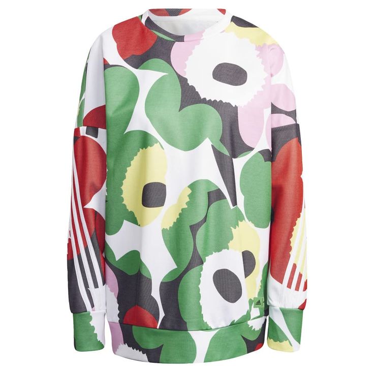 PRICES MAY VARY. Imported Long length Ever since the '50s, Marimekko has been changing the world through positivity, color and joy. Now they've put their creative spin on this adidas sweatshirt. As you run to the gym, relax with your friends or crush that daunting to-do list, you can feel good knowing you're part of a legacy of self-expression, freedom and female empowerment. Made in part with recycled content generated from production waste, e. Retro White Sweatshirt For Spring, Sporty Relaxed Fit Sweatshirt For Spring, Sporty Multicolor Cotton Sweatshirt, Spring Cotton Sportswear Sweatshirt, Casual Multicolor Sweatshirt With Ribbed Cuffs, Spring Cotton Athleisure Sweatshirt, Adidas Sporty Multicolor Tops, Sporty Multicolor Adidas Tops, Adidas Cotton Sweatshirt Relaxed Fit