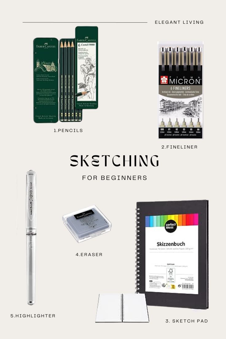 the contents of a sketching book, pencils, and other items for beginners