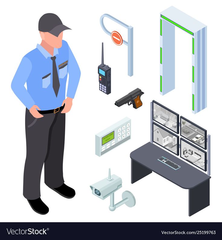 a security officer standing next to an electronic device and other items that are on display