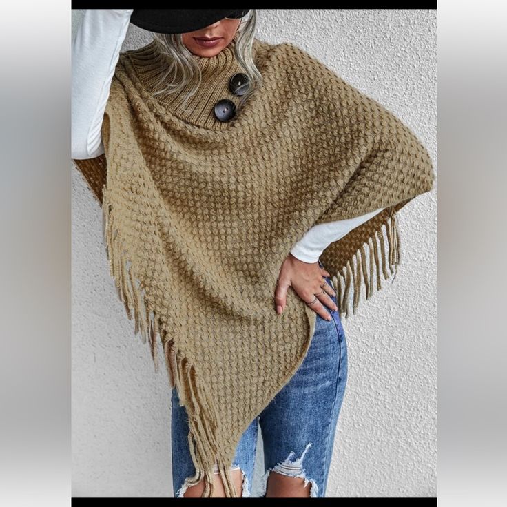 Boho Knit Fringed Poncho Beige Knit Poncho, One-size Beige Knit Poncho, Beige Knit Poncho One Size, Knit Poncho For Cold Weather, One Size Soft Knit Poncho For Fall, Cozy Knitted Winter Cape, Winter Chunky Knit Poncho, Cozy Knit Cape Poncho, Casual Knit Poncho For Fall