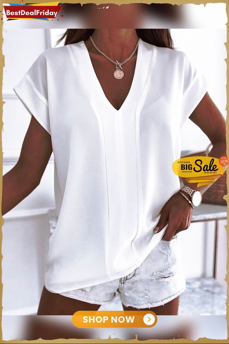 V Neck Short Sleeve Plain T Shirt P3817324760 Solid V-neck T-shirt For Work, Casual V-neck Plain Top, Casual White V-neck Short Sleeve Top, Plain Summer Workwear Tops, Casual V-neck Plain Blouse, Relaxed Fit V-neck T-shirt For Work, White Relaxed Fit V-neck Short Sleeve Top, Casual White V-neck Top, White V-neck Casual Top