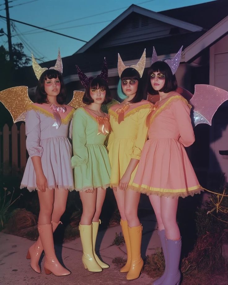 three women in costumes standing next to each other