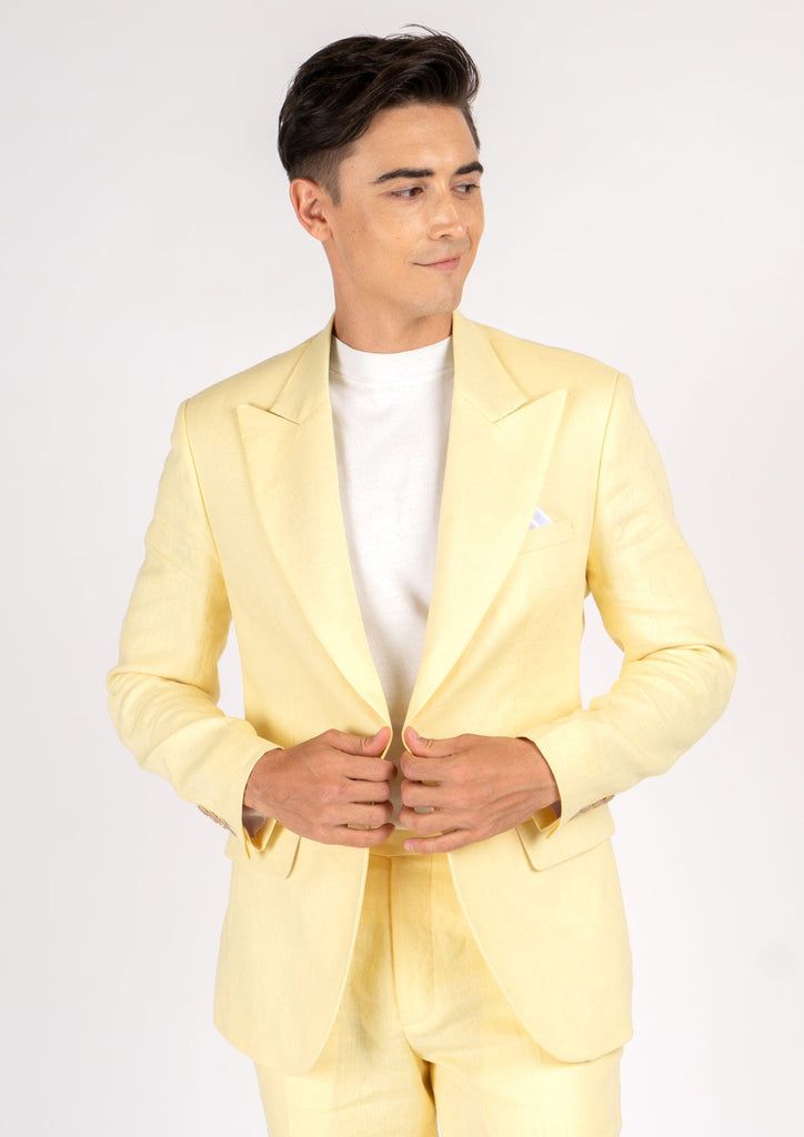 Liberty Light Yellow Linen Suit Luxury Fitted Summer Sets, Luxury Fitted Sets For Summer, Fitted Linen Summer Suits, Summer Fitted Linen Suit, Luxury Fitted Suits For Spring, Luxury Tailored Suits For Summer, Elegant Summer Suits With Notch Lapel, Luxury Tailored Summer Suits, Classic Fitted Summer Blazer