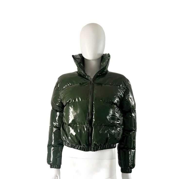 This Item Is New With Tags! Green, Shiny, Lined, Puffer, Short, Cropped, Long Sleeves, Zipper Closure, High Neckline. Small Pit To Pit: 20.5" Shoulder To Hem: 19" Spring Workwear Puffer Jacket, Fitted Spring Puffer Jacket For Work, Green Fitted Casual Puffer Jacket, Green Fitted Puffer Outerwear, Fitted Green Puffer Jacket For Fall, Fitted Puffer Jacket For Fall, Cropped Puffer Coat, Green Coat, Puffer Coat