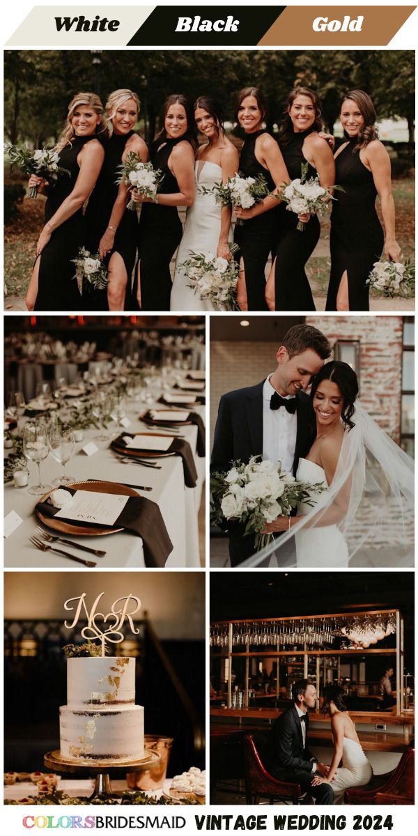 a collage of photos showing the bride and grooms at their wedding reception in black, white and gold