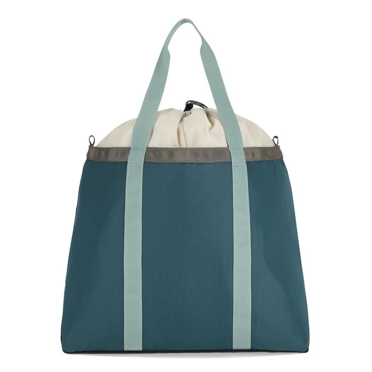 a teal and grey bag on a white background