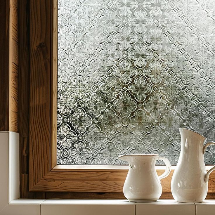 two white pitchers sitting on top of a window sill