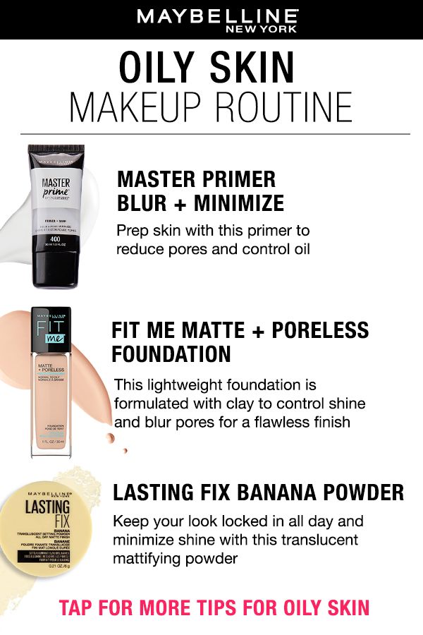 Oily skin makeup routine: Maybelline Master Prime Blur + Smooth Primer, Fit Me Matte + Poreless Foundation, and Lasting Fix Banana Powder. All Day Stay Makeup, Make Up For Oily Skin How To Apply, Primer For Oily Skin And Large Pores, Best Primer For Oily Skin And Pores, Fit Me Primer, Skin Prep For Makeup, How To Make Makeup Stay On All Day, Best Makeup Products For Oily Skin, Oily Skin Makeup Products