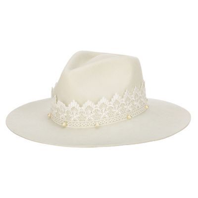 NOW & FOREVER - WOMEN'S FELT COWBOY W/ LACE & PEARLS 100% wool Adjustable internal drawstring for a tighter fit. Felt Cowboy Hat, Wide Brim Hat Summer, Sand Collection, Trendy Bride, San Diego Hat, Felt Cowboy Hats, Scarf Poncho, Now And Forever, Dress Hats