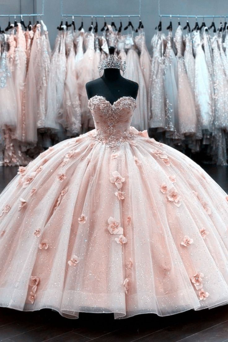 Dusty Pink Ball Gown, Whimsical Quinceanera Dress, Peach Colored Quinceanera Dresses, Blush Pink Ball Gown, Quncie Dresses Light Pink, Pink Sparkly Ball Gown, Champagne Pink Sweet 16 Dresses, Quince Light Pink Dresses, Quinceanera Dresses Light Colors