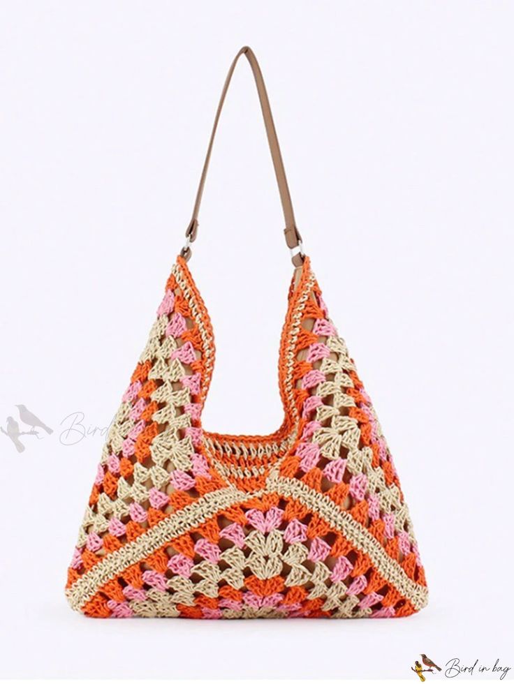 Bird in Bag - Grandmother-Inspired Hand-Woven Tote Bag with Large Capacity Casual Orange Bucket Straw Bag, Orange Square Bag For Vacation, Casual Pink Hobo Bag For Summer, Multicolor Large Capacity Hobo Bag For Beach, Square Orange Bag For Vacation, Casual Multicolor Square Straw Bag, Casual Orange Straw Bag For Shopping, Beach Square Woven Hobo Bag, Orange Woven Bags For Summer