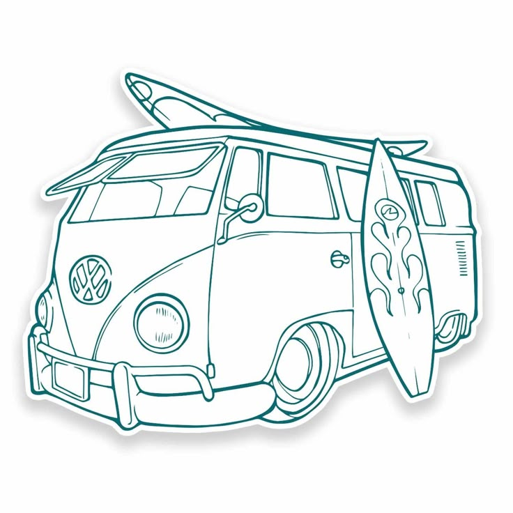 a drawing of a vw van with a surfboard on the roof is shown