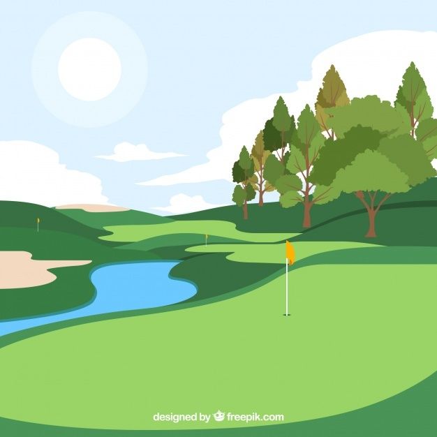 a golf course with water and trees in the background, on a sunny day illustration