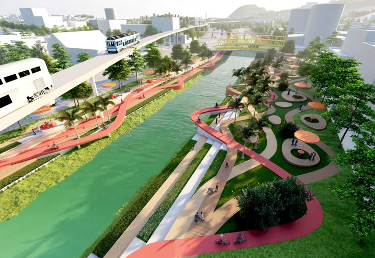 an artist's rendering of a landscaped park and river