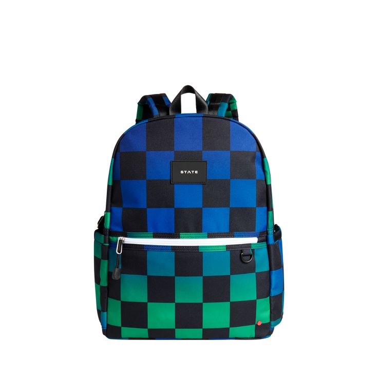 state bags kane kids double pocket backpack recycled poly canvas checkerboard blue front view click to zoom On-the-go Standard Backpack For Back To School, Functional Blue Backpack Luggage, Casual Green Luggage For Daily Use, Blue Nylon School Bag, Functional Blue Backpack With Luggage Sleeve, Functional Everyday Blue Luggage, Functional Blue Everyday Luggage, School Nylon Backpack, Everyday Functional Blue Luggage