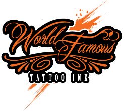 the world famous tattoo ink logo is orange and black with an ornate design on it