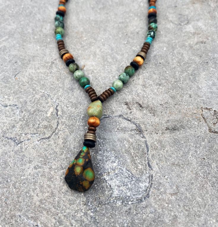 Men Beaded Necklace for Men, Gemstone Necklaces for Men, Turquoise Pendant Necklace, Y Blue Beaded Necklace, Gift for Him - Etsy Brown Turquoise Necklace With Natural Stones, Spiritual Style, Spiritual Chrysocolla Gemstone Beads Necklace, Southwestern Gemstone Beaded Necklaces For Healing, Chrysocolla Beaded Necklaces For Jewelry Making, Artisan Beaded Turquoise Chrysocolla Necklace, Artisan Handmade Chrysocolla Beaded Necklaces, Bohemian Chrysocolla Beaded Necklaces For Jewelry Making, Bohemian Brown Turquoise Necklace With Gemstone Beads, Bohemian Chrysocolla Round Bead Necklace