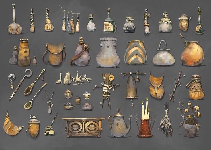 an assortment of antique and modern items displayed on a gray background, including vases