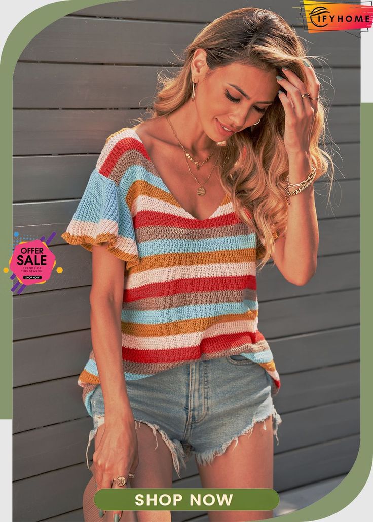 Multi-color Striped Ruffle Short Sleeve Knit Top Spring V-neck Ruffled Sweater, Summer Striped V-neck Sweater, Striped V-neck Summer Sweater, Casual Color Block Knit Top For Summer, Trendy Striped Summer Sweater, Chic Multicolor Summer Sweater, Multicolor Ruffled Tops For Fall, Spring Color Block Knit Top, Multicolor Knitted Summer Sweater