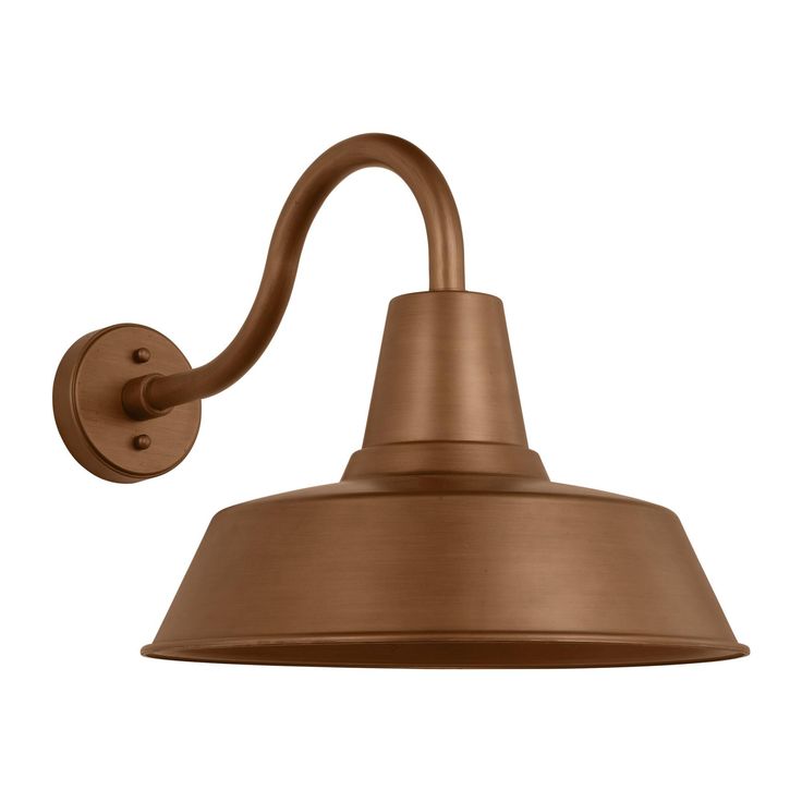 an antique brass wall light with a metal arm and shade on the side, against a white background