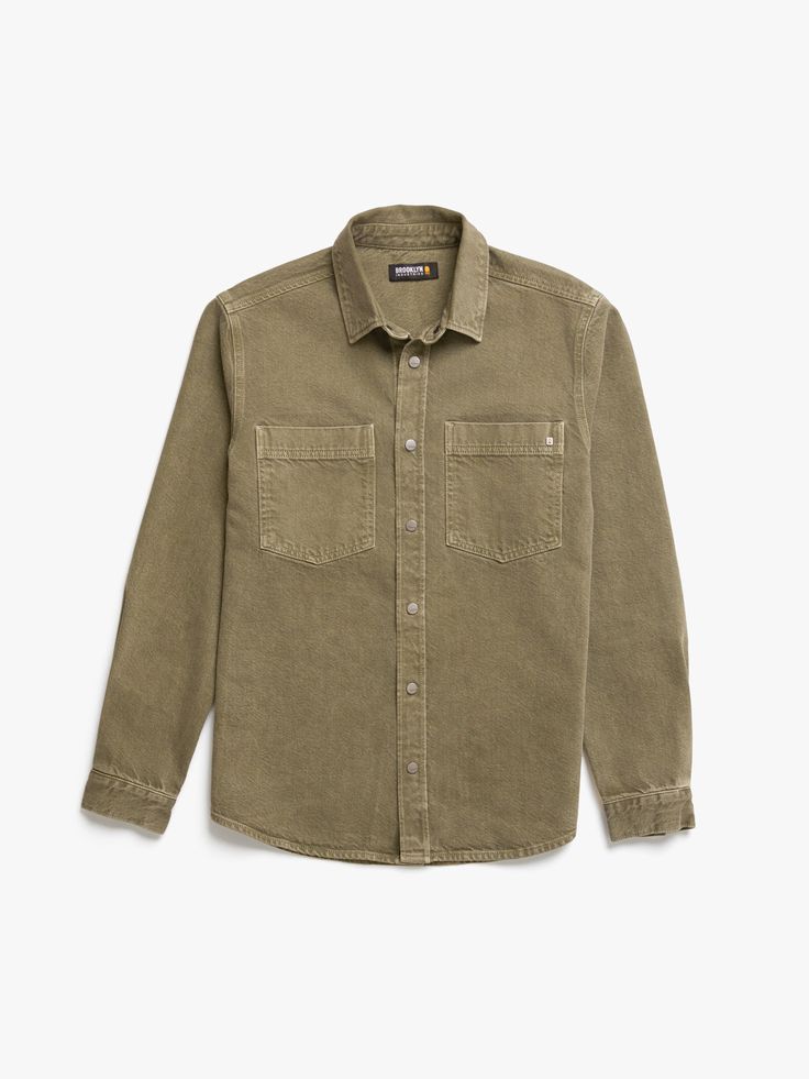 Men's Brooklyn Industries Overshirt in Deep Lichen Green - BROOKLYN INDUSTRIES Rugged Button-up Outerwear With Patch Pockets, Rugged Long Sleeve Utility Jacket With Patch Pockets, Fall Unstructured Button-up Shirt, Casual Utility Jacket With Spread Collar For Spring, Rugged Cotton Button-up Outerwear, Rugged Cotton Utility Jacket With Flap Pockets, Classic Streetwear Shirt With Snap Buttons, Rugged Relaxed Fit Button-up Outerwear, Classic Khaki Shacket With Button Closure