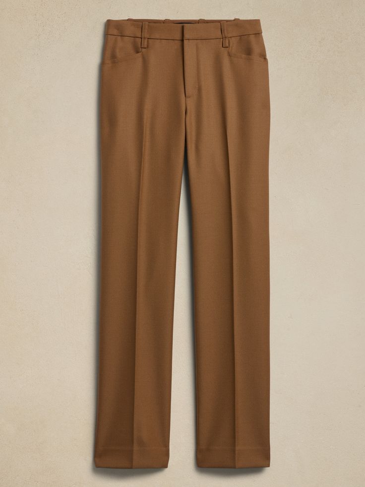 Sharp and smart, this extra long pant is cut to wear with your favorite heels.  A high waist and straight leg adds length to every step.  ITALIAN WOOL: Soft and smooth, this wool fabric from Italy's Marzotto mill is perfect for cooler weather.  Zip f Wool Pants For Fall With Straight Leg, High-waisted Wool Pants In Brown, Brown Wool Straight Pants, Brown Wool High-waisted Pants, Tailored Winter Pants With Straight Hem, Fitted Wool Wide Leg Pants For Fall, Wool Full Length Bottoms For Business Casual, High-waisted Brown Wool Pants, Tailored Pants With Straight Hem For Winter