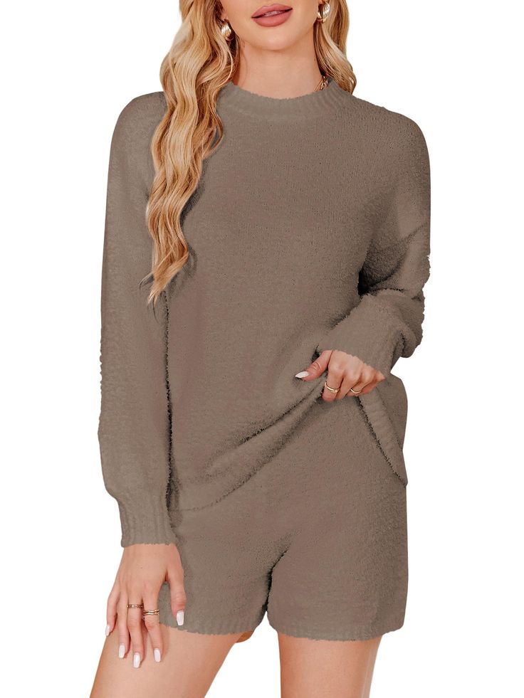 PRICES MAY VARY. Material: Comfy ACRYLIC. High Quality Fabric Knit sweater and shorts set. Skin-friendly and breathable, stretch and fuzzy, Super Soft and comfotable to wear Features: Fuzzy sherpa knit sweater and elastic high waist shorts, long sleeve 2 piece sleepwear sets, casual fleece loungewear, winter warm street outfit for women, ribbed crew neckline,cuffs,hem. perfect for cold days of the fall and winter. This two-piece sleepwear sets has a relaxed fit and soft elastic waist short desig Fleece Loungewear, Loungewear Winter, Loungewear Outfit, Womens Loungewear Sets, Loungewear Outfits, Short Loungewear, Sweatsuit Set, Sleepwear Sets, Loungewear Set