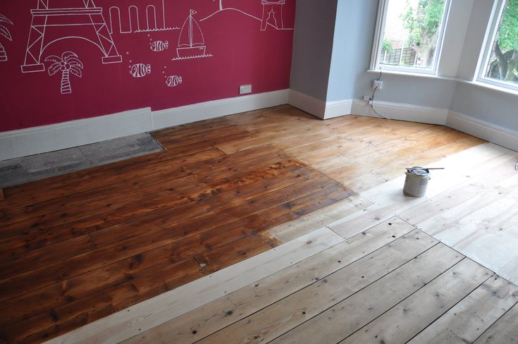 an empty room with red walls and wood flooring in the foreground is a can of paint