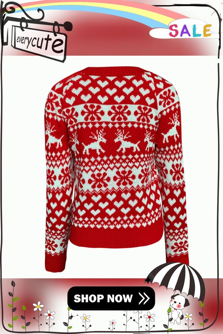 Red Deer Print Knit Christmas Sweater Red Crew Neck Winter Outerwear, Red Crew Neck Outerwear For Winter, Cozy Red Holiday Tops, Red Holiday Top For Winter, Red Tops For Winter Holiday, Cozy Red Crew Neck Cardigan, Red Crew Neck Sweater For Winter, Red Fair Isle Long Sleeve Outerwear, Christmas Knitted Long Sleeve Cardigan