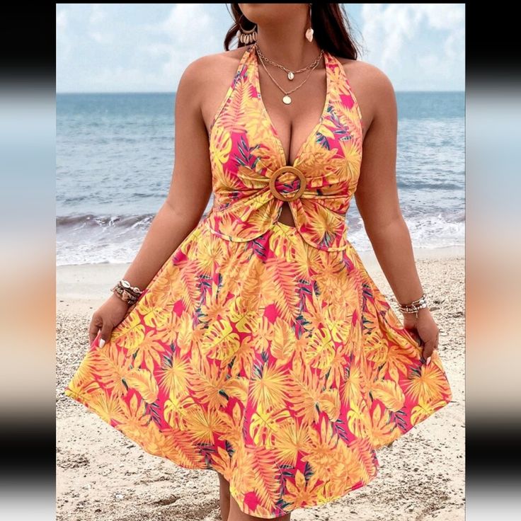 Short Halter Dress Ftom Shein With Pink, Orange, And Yellow Flower Designs 0xl (12) Never Worn Yellow V-neck Floral Beach Dress, Yellow Floral Sundress For The Beach, Yellow Floral Sundress For Beach, Yellow V-neck Floral Dress For Beach, Yellow Floral Summer Dress For The Beach, Yellow Floral Summer Dress For Beach, Yellow Floral Dress For Summer Beach Outings, Yellow Printed Sundress For Vacation, Yellow Halter Neck Sundress For Beach Season