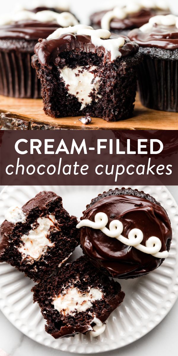 chocolate cupcakes with cream - filled chocolate frosting are on a white plate