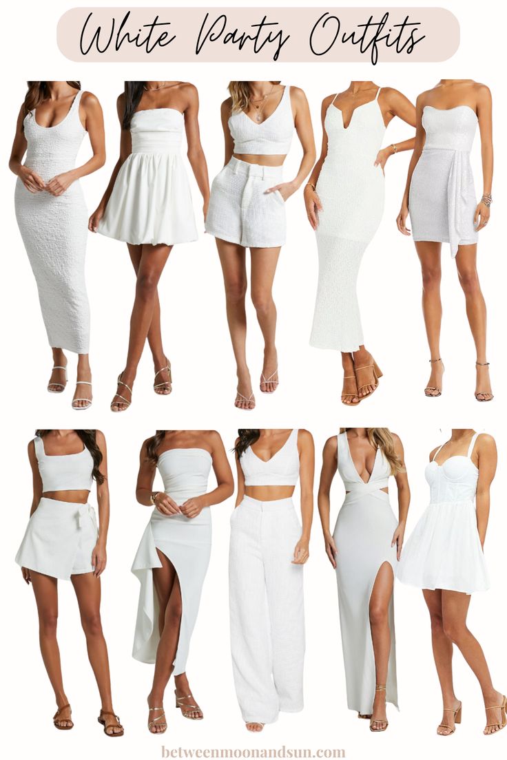 Find your perfect outfit for an All-White Party or a Bridal Party. Stunning and elegant cocktail dresses that ensure the perfect look. Find your perfect fit: classy chic, bold, sexy, casual, or romantic. Let's dive into the world of whites! #CocktailDresses #AllWhiteParty #WhitePartyDress #WhitePartyOutfit #BridalDresses #WhiteOutfit All White Party Attire Women, White Dress For Beach Party, White Party Clothes, White Beach Party Outfits Women, Chic Beach Party Outfit, White Fancy Outfit, All White Birthday Party Outfit, All White Bachelorette, White Birthday Dinner Outfit