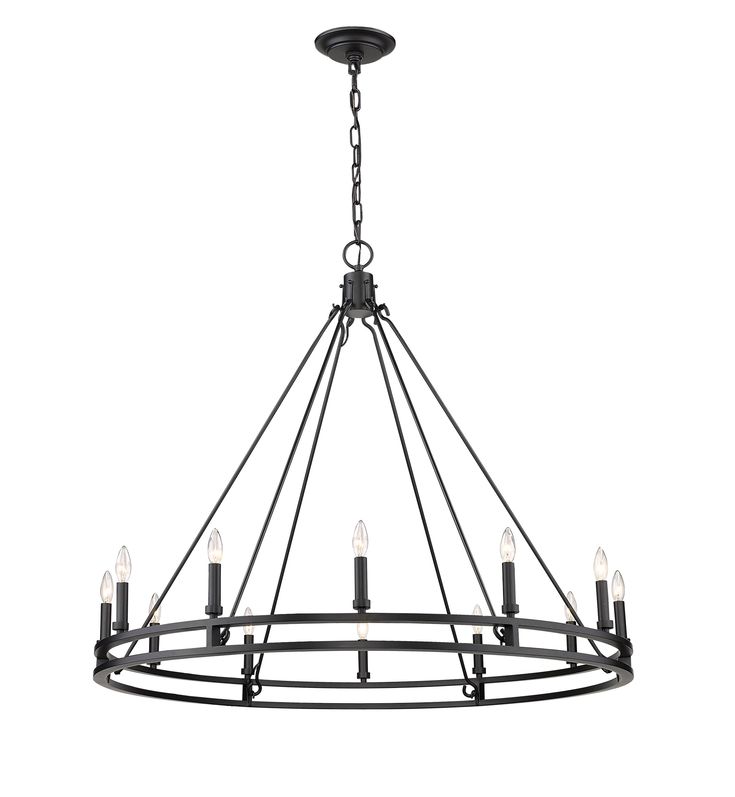 Palatial elegance offers a charming attitude that illuminates a classic custom space. This twelve-light chandelier adopts a dramatic aesthetic with geometric influence, and shows off a gorgeous Modern Matte Black metal ring frame dotted with candelabra bulb mounts. Z-Lite Dennison 12-Light Matte Black Transitional Chandelier | 4005-12MB Dramatic Aesthetic, Black Metal Rings, 12 Light Chandelier, Ring Frame, Transitional Chandelier, Beachfront Home, Transitional Chandeliers, Wagon Wheel Chandelier, Residential Lighting