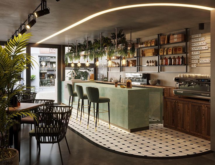 the interior of a restaurant with plants on the counter and chairs around the bar area