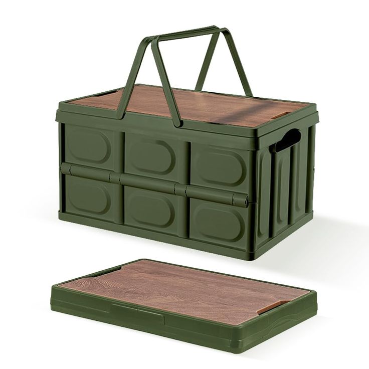 a green box with two compartments and a wooden tray