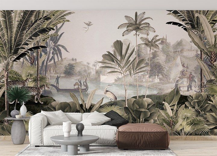 a living room with a large mural on the wall