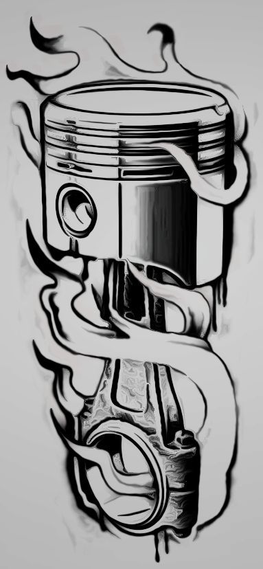 a black and white drawing of a piston with flames on the side, in front of a gray background