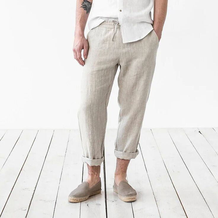 Men's Linen Pants Trousers Summer Pants Beach Pants Drawstring Elastic Waist Straight Leg Plain Comfort Breathable Casual Daily Holiday Linen / Cotton Blend Streetwear Designer Blue Green Casual Summer Beach Cargo Pants, Baggy Drawstring Beach Bottoms, Baggy Drawstring Bottoms For Beach, Beach Baggy Drawstring Bottoms, Beach Baggy Bottoms With Drawstring, Baggy Drawstring Pants For Beach, Baggy Straight Leg Beach Pants, Baggy Straight Leg Bottoms For Vacation, Summer Baggy Drawstring Pants