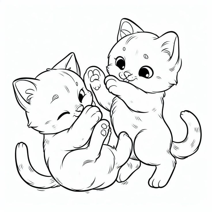 two kittens playing with each other while one is holding the tail of another cat