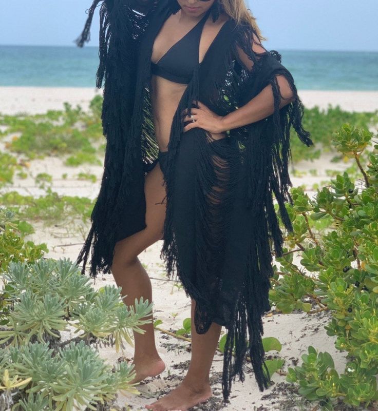 "This kimono tunic boho beach frayed cover up is one size and fits perfect for any type of body. It is front open and it has a very trendy boho and tropical style which make you look so spectacular for your instagram pics. * Use it as you prefer !!... beach or casual uneven kimono open in the front and frayed in sides and back with fringe on the sides. Measures: 86 cm/34\" long both front and back. Material: 100% organic cotton woven into a pedal loom Questions❓just message us, we will be more t Long Beachwear Swimwear As Beach Cover-up, Bohemian One Size Beach Season Cover-up, Beachy Wrap Sarong For Beach Cover-up, Beachy Wrap Cover-up For Poolside, Summer Wrap Cover-up Free Size, Hippie Wrap Kaftan For Festivals, Bohemian Tunic Cover-up For Festivals, One Size Wrap Kaftan For Festival, Wrap Kaftan For Festivals