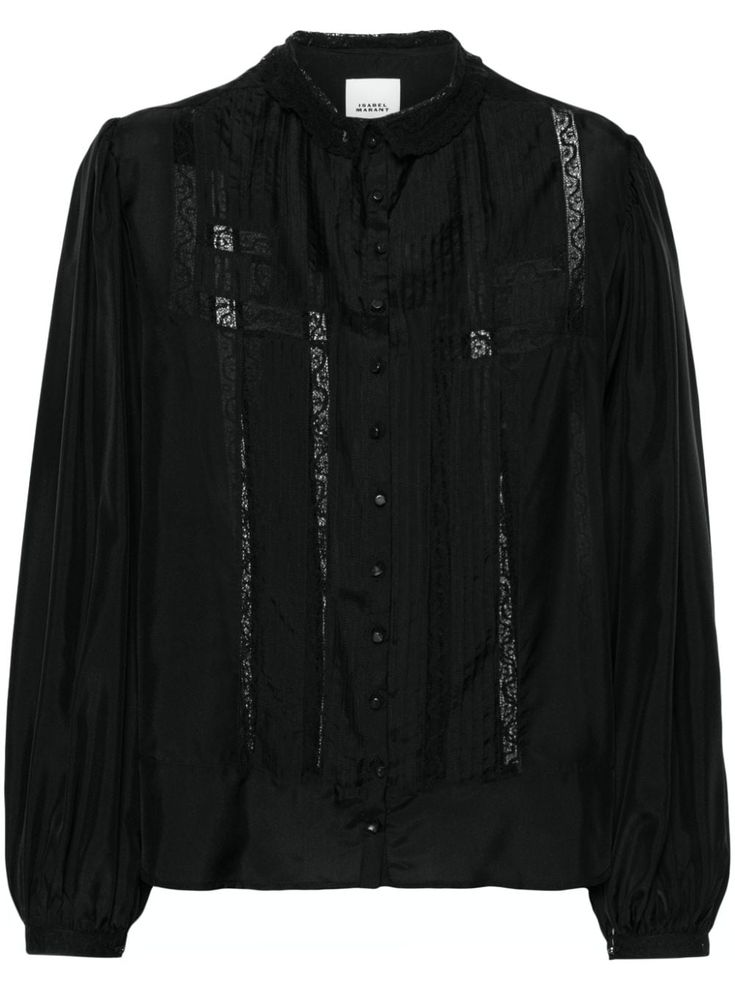 black silk satin finish lace embroidery semi-sheer panels pintuck detailing mock neck front button fastening long puff sleeves buttoned cuffs curved hem Bernadette Banner, Lace Silk, Isabel Marant Etoile, Lace Embroidery, Long Puff Sleeves, Sheer Lace, Black Silk, Black Blouse, Silk Blouse