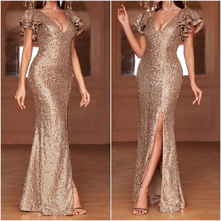 Chic V-neck Party Gown, Gold V-neck Evening Dress With Sweep Train, V-neck Ruffled Gown For Prom, Glamorous V-neck Cocktail Gown, 50th Anniversary Dresses, Champagne Fitted V-neck Evening Dress, Formal V-neck Gown With Ruffles, Evening Gown With Ruffles And V-neck, V-neck Gown With Ruffles For Gala