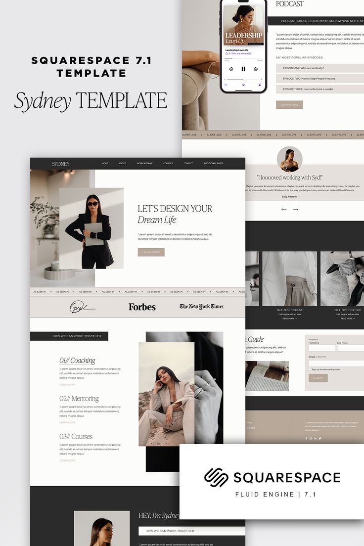 the squarespace website is shown with multiple screenshots, including an image of a woman