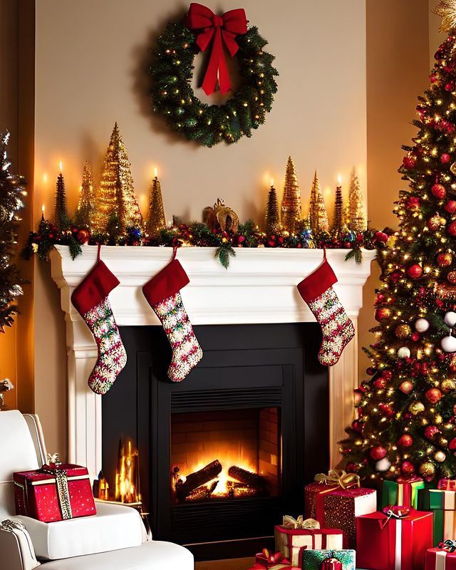 a christmas tree with stockings and presents in front of a fireplace