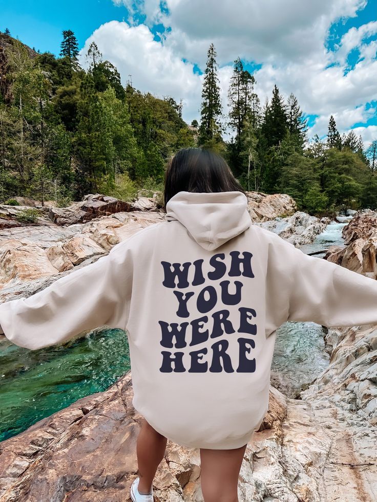 Wish You Were Here Hoodie | Trendy Sweatshirt | Preppy Clothes | Aesthetic Hoodie | Black Text On Back Hoodie | VSCO Shirt SWEATSHIRT INFORMATION Our sweatshirts are a wonderfully cozy cotton/polyester blend. They are a medium heavy fabric with a looser fit and are sure to become your new favorite sweatshirt. Please be sure to order the correct size for the fit you are looking for. The size chart can be found in the pictures but if you have any questions please message me. Do you have a sweatshi Crystal Hoodie, Apricot Sweater, No Time For Me, Dance Mom, Retro Font, Milk Silk, Hipster Fashion, Club Design, Jesus Saves