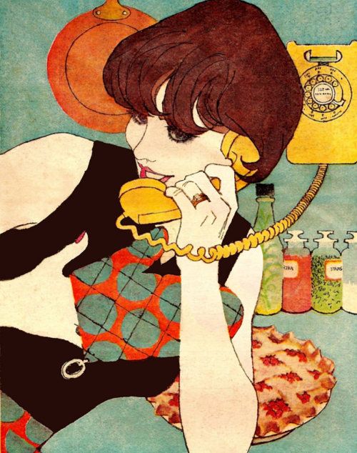 a painting of a woman talking on a phone while holding a cellphone to her ear