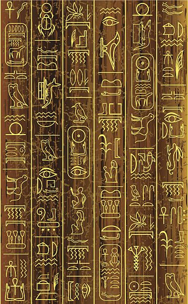 the egyptian hieroglyphics are gold and black, with different symbols on them